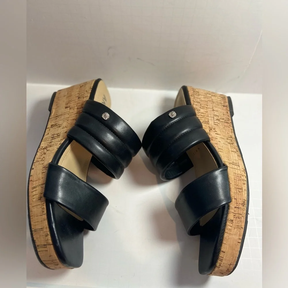 Anne Klein~Neutral~Black~Faux Leather~Open Toe~Slip-On Cork Wedge Sandal~Size 9
